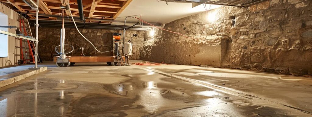 a dynamic scene captures a professional basement waterproofing service in action, showcasing a robust, modern setup with powerful equipment, focused on a beautifully transformed, dry, and well-lit basement environment, emphasizing effective solutions to common basement issues.
