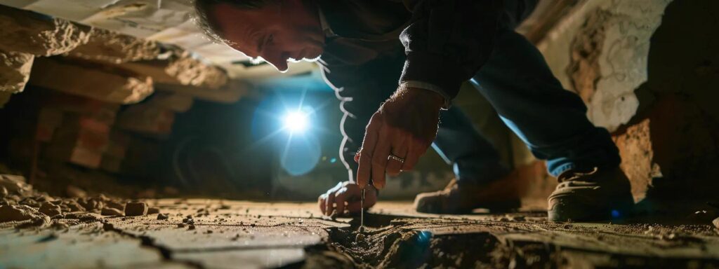 a close-up of a professional contractor inspecting a clearly visible foundation crack in a dimly lit basement, surrounded by specialized waterproofing tools and materials, emphasizing the urgency of effective repair solutions for local homes in canton, ohio.