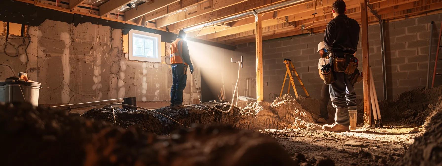a well-lit basement undergoing foundation repair showcases contractors assessing cracks in the walls while discussing waterproofing solutions, emphasizing the importance of professional evaluations and long-term investments in home stability.