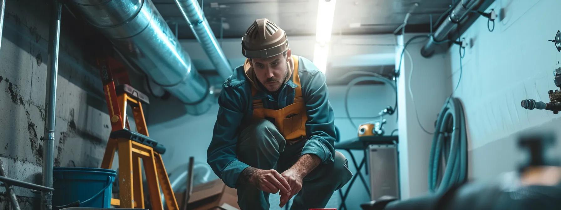 a focused view of a professional basement waterproofing contractor inspecting a neatly organized basement with high-tech equipment, illuminated by overhead lights, showcasing tools and materials that emphasize quality and expertise in waterproofing.