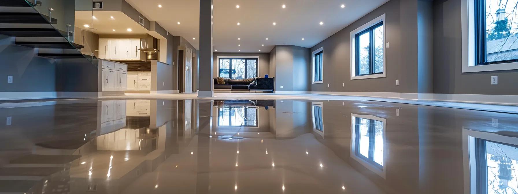 a modern basement interior showcases advanced waterproofing solutions with sleek, industrial membranes and robust drainage systems, highlighting the effectiveness of leading waterproofing services in canton, ohio.
