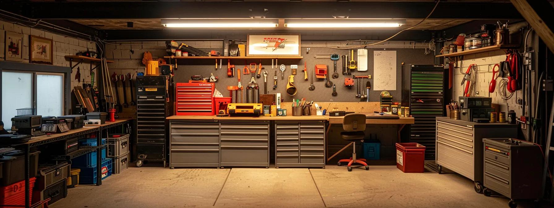 a well-organized basement office setup featuring tools and equipment strategically arranged for an efficient waterproofing service preparation, illuminated by bright overhead lighting to emphasize the meticulous readiness for the project.