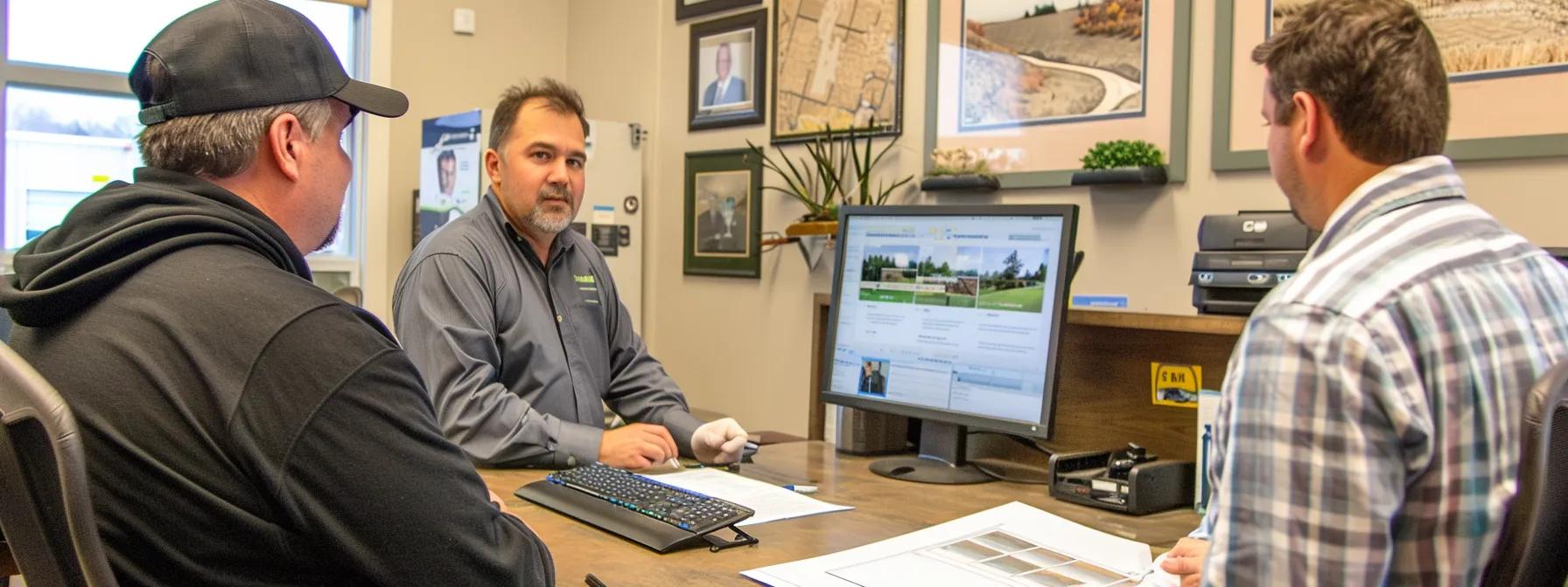 a dynamic office setting features a focused contractor presenting a detailed foundation repair plan to a homeowner, with visual aids showcasing local soil challenges and testimonials prominently displayed, conveying professionalism and expertise in basement waterproofing solutions.