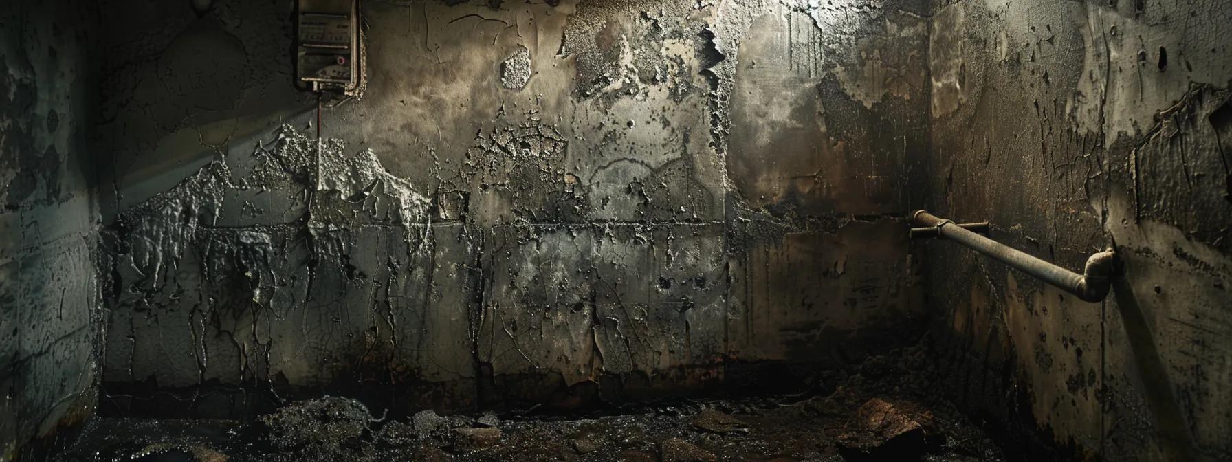 a dimly lit basement corner reveals prominent patches of dark, ominous mold creeping across damp, cracked walls, highlighting a pressing need for waterproofing solutions in a stark, industrial setting.