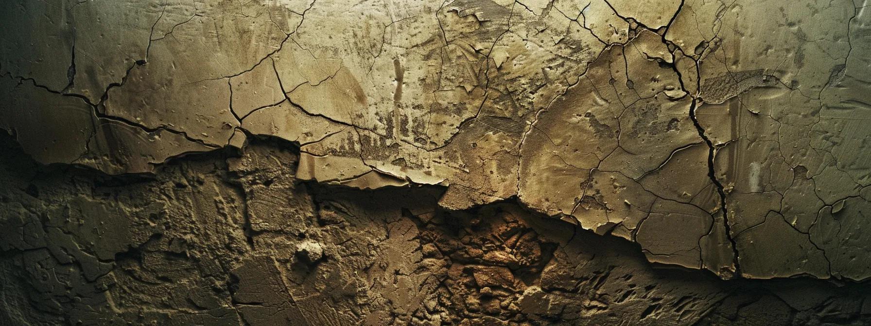 a stark, close-up view of cracked concrete walls in a dimly lit basement, with visible water stains highlighting the potential for structural damage and moisture infiltration, emphasizing the urgent need for waterproofing solutions.
