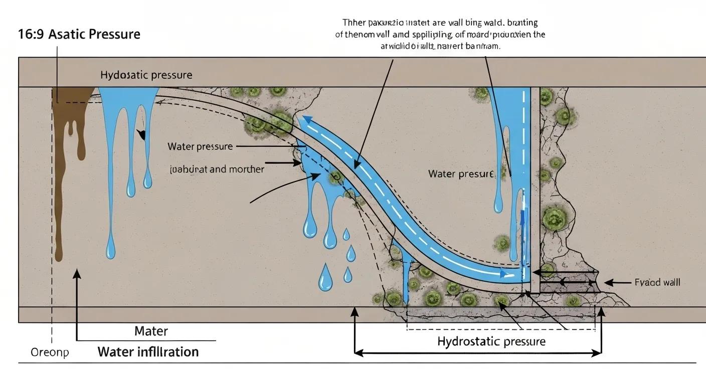 Diagram of a basement wall showing the effects of hydrostatic pressure and water infiltration