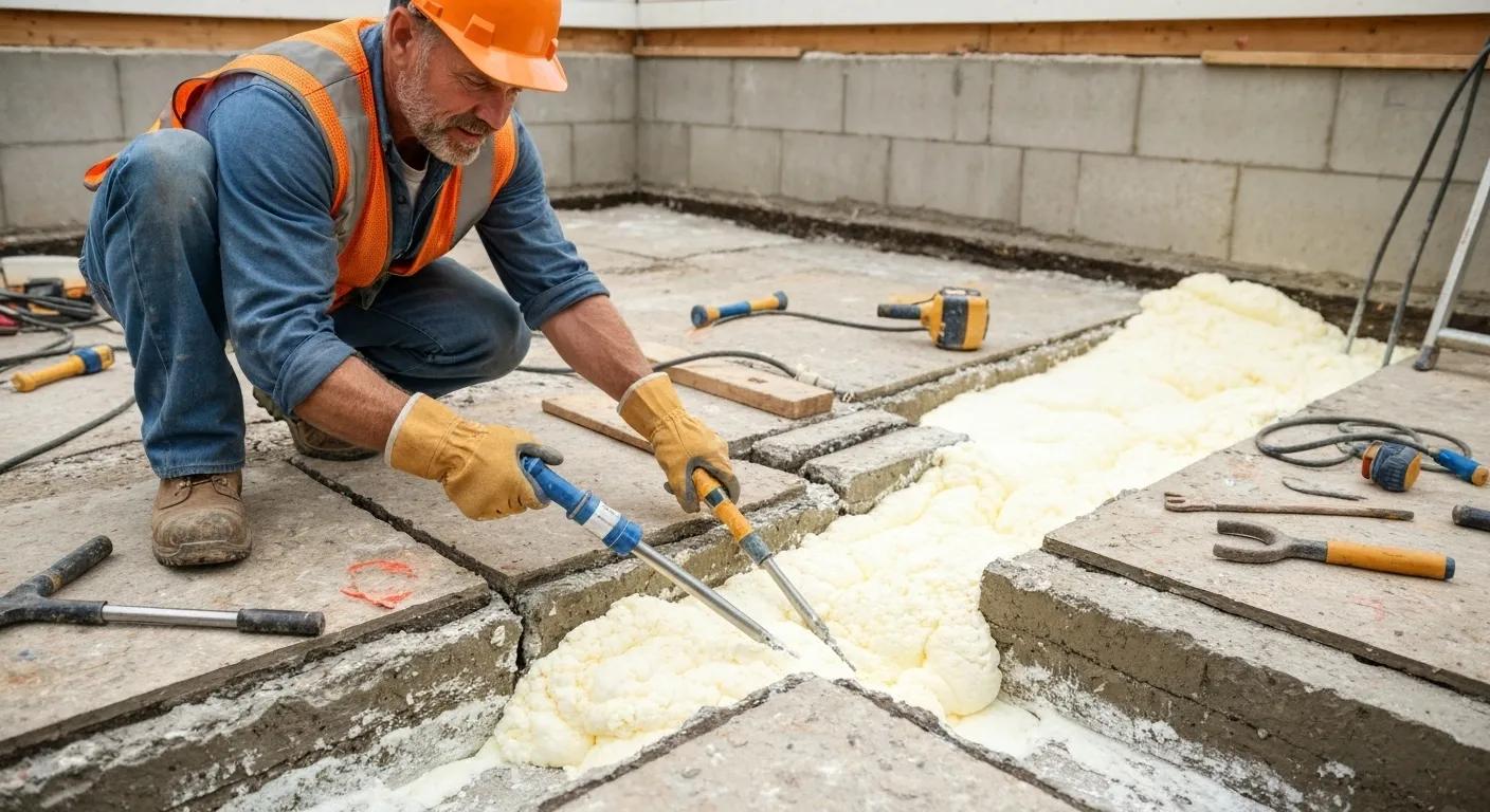 Contractor expertly repairing foundation cracks using epoxy injection and polyurethane foam techniques