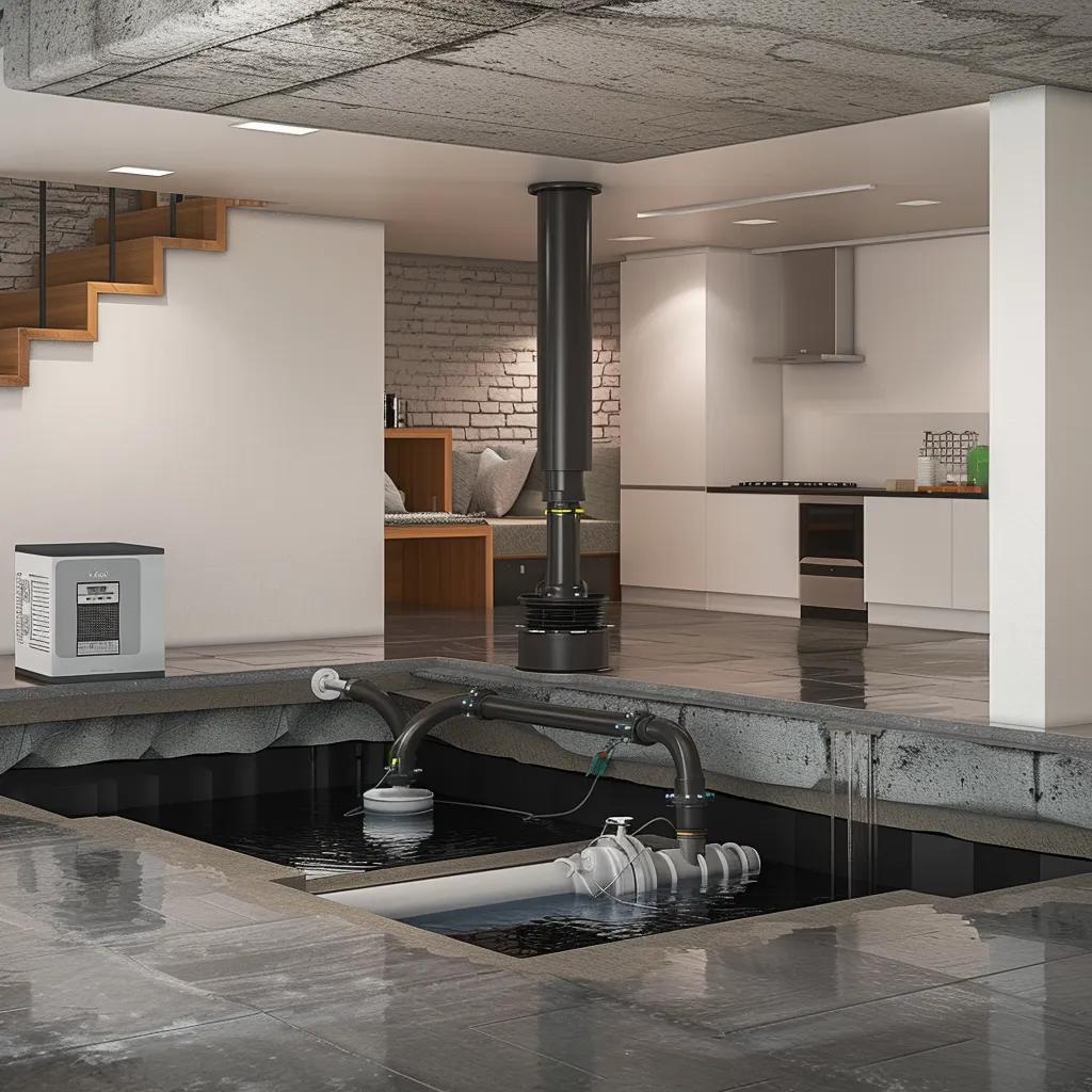 Interior basement waterproofing techniques including sump pump and drainage system