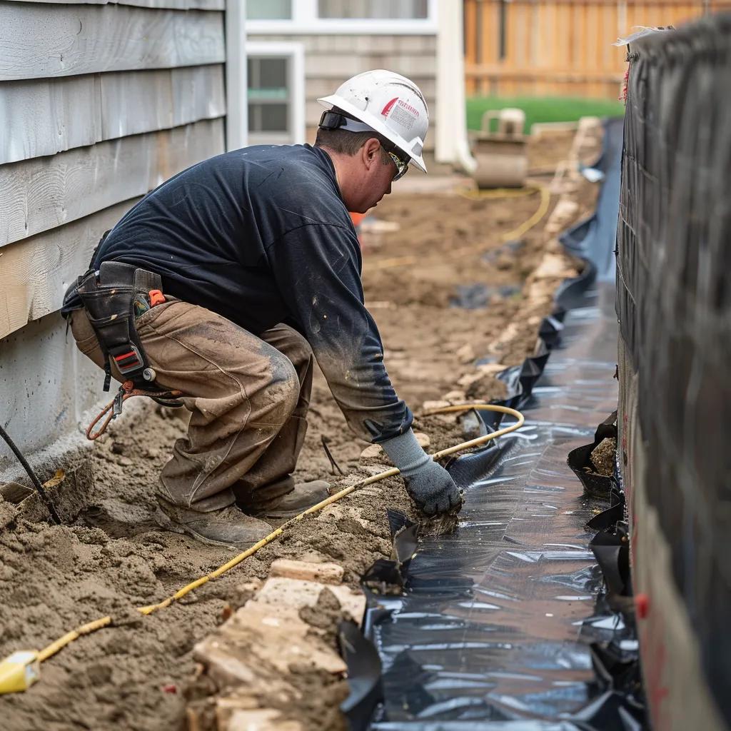Exterior basement waterproofing process with technician applying membrane