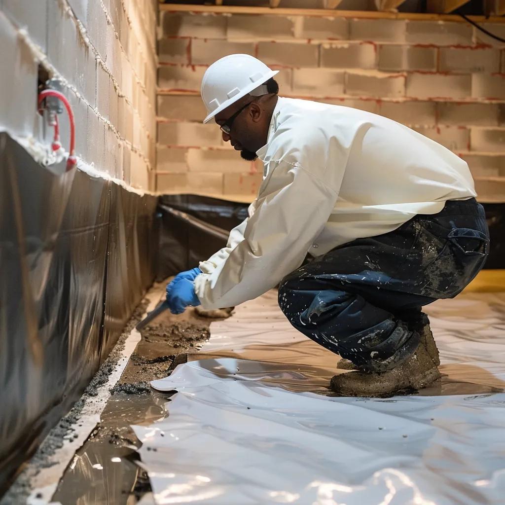 Basement waterproofing technician applying membrane in Canton Ohio home