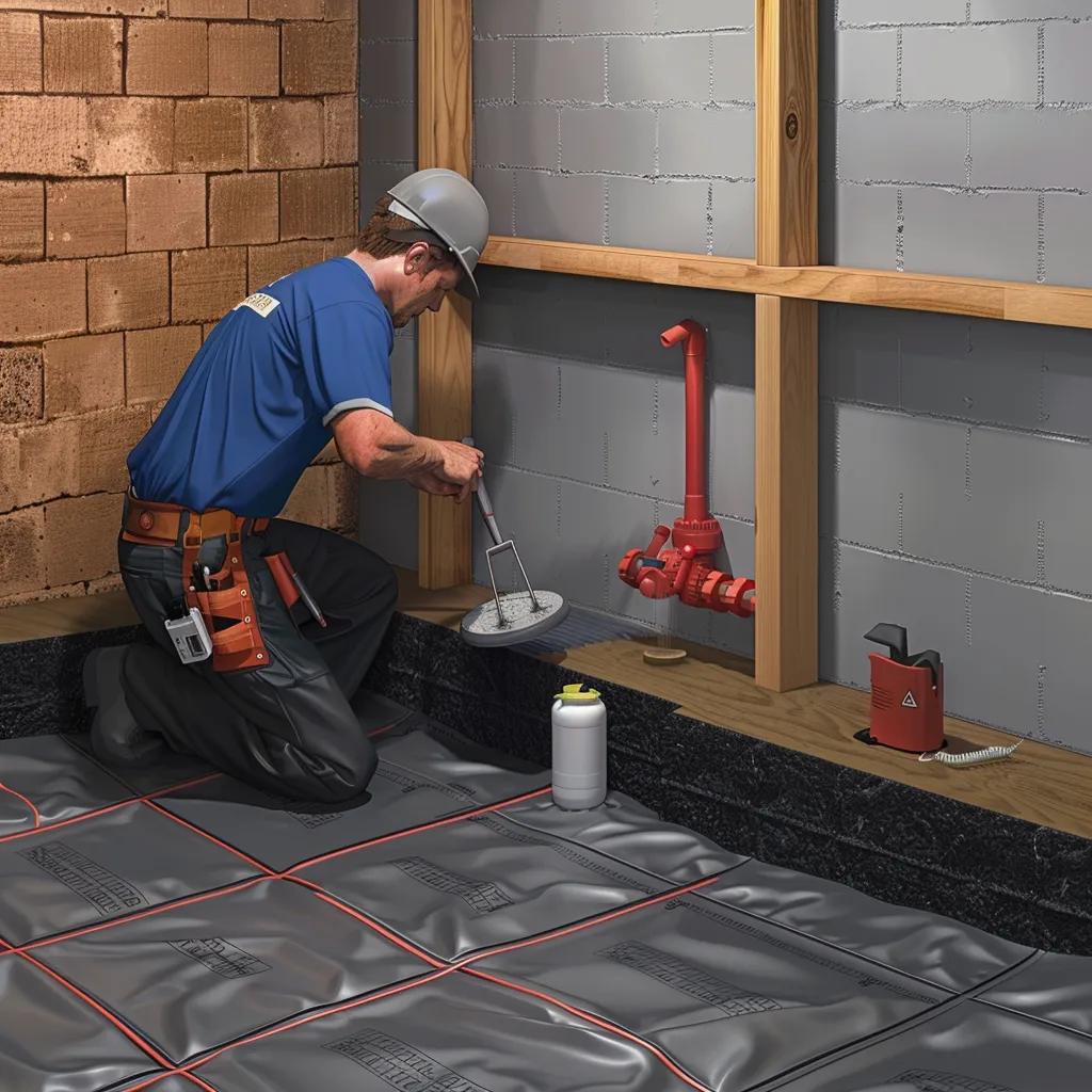 Technician applying waterproof membrane during basement waterproofing installation