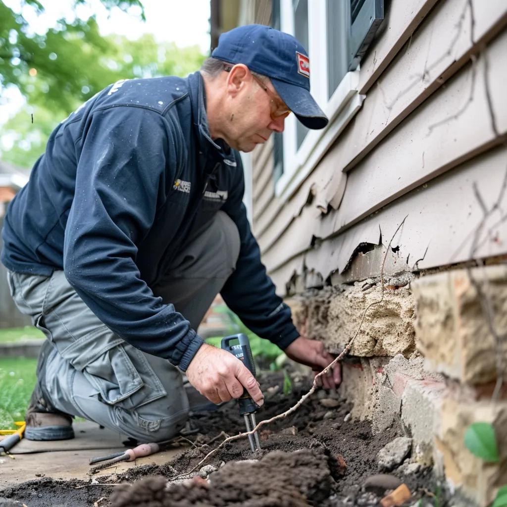 Foundation repair specialist inspecting residential foundation in Canton, Ohio