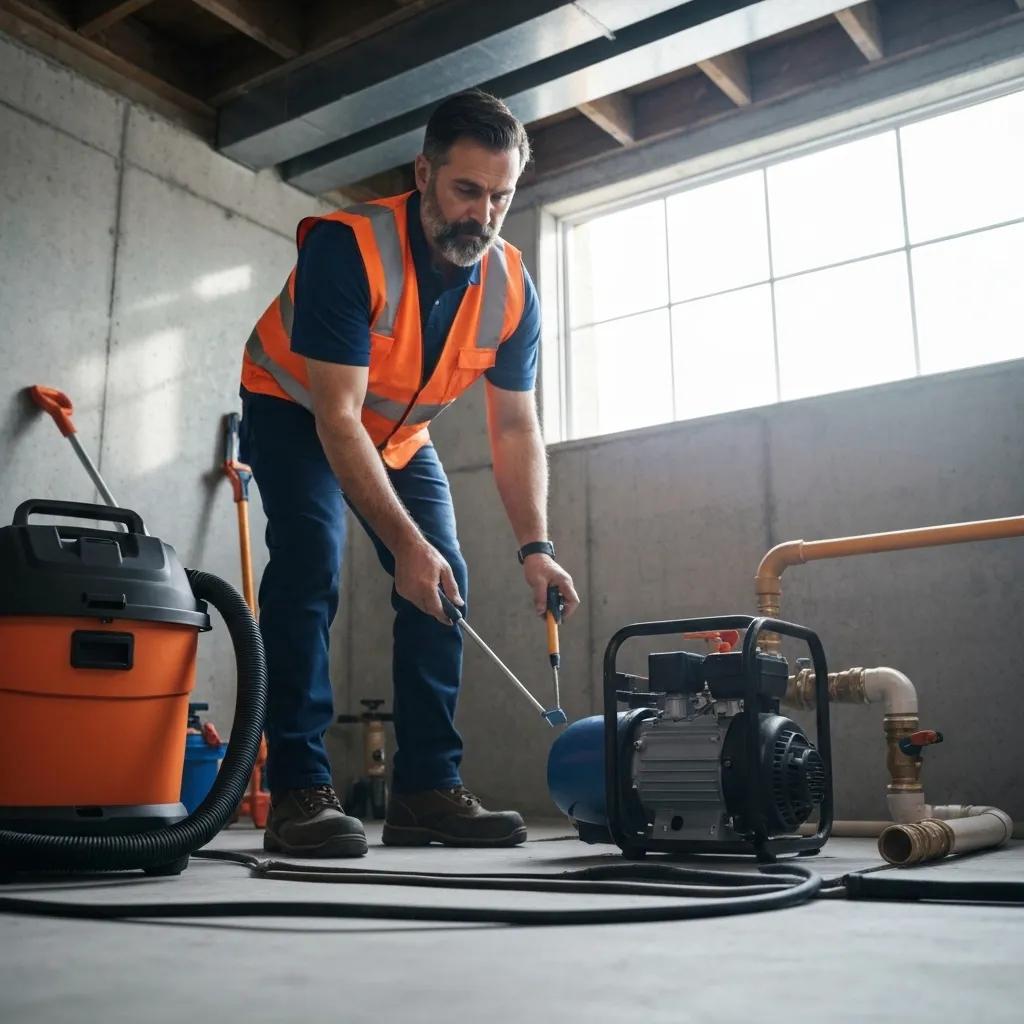 Skilled contractor examining a basement drainage setup, showcasing effective waterproofing services