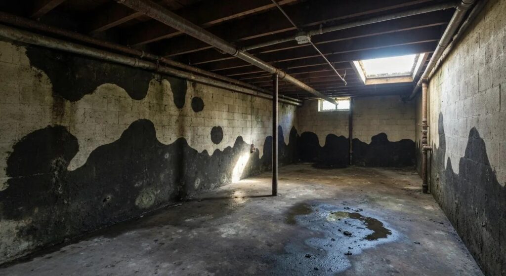 Basement showing signs of water damage with stains and mold growth