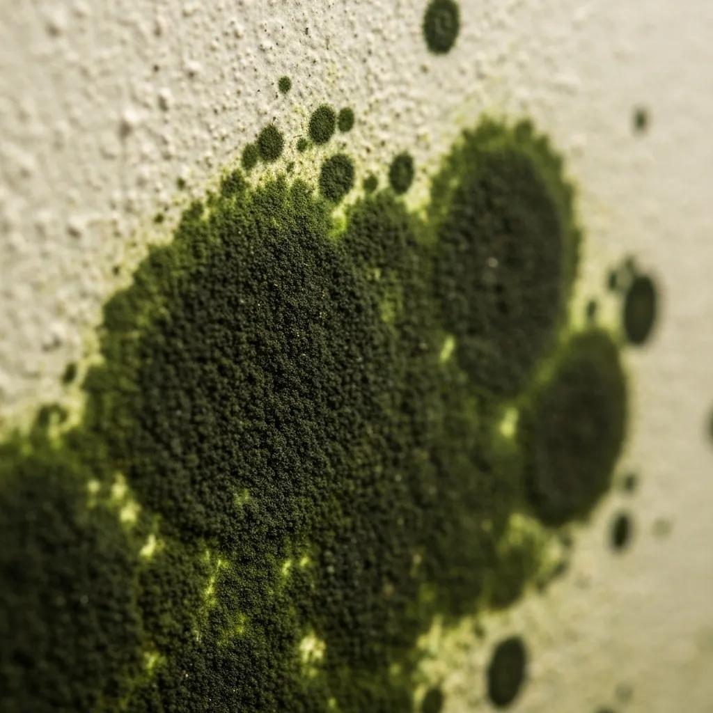 Close-up of mold growth on a damp basement wall