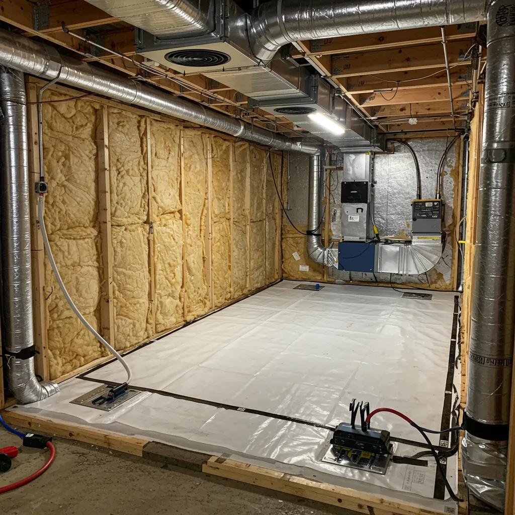 Crawl space encapsulation setup demonstrating humidity control for mold prevention