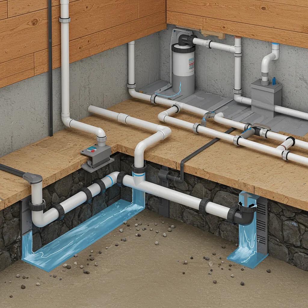 Illustration of basement waterproofing techniques for mold prevention